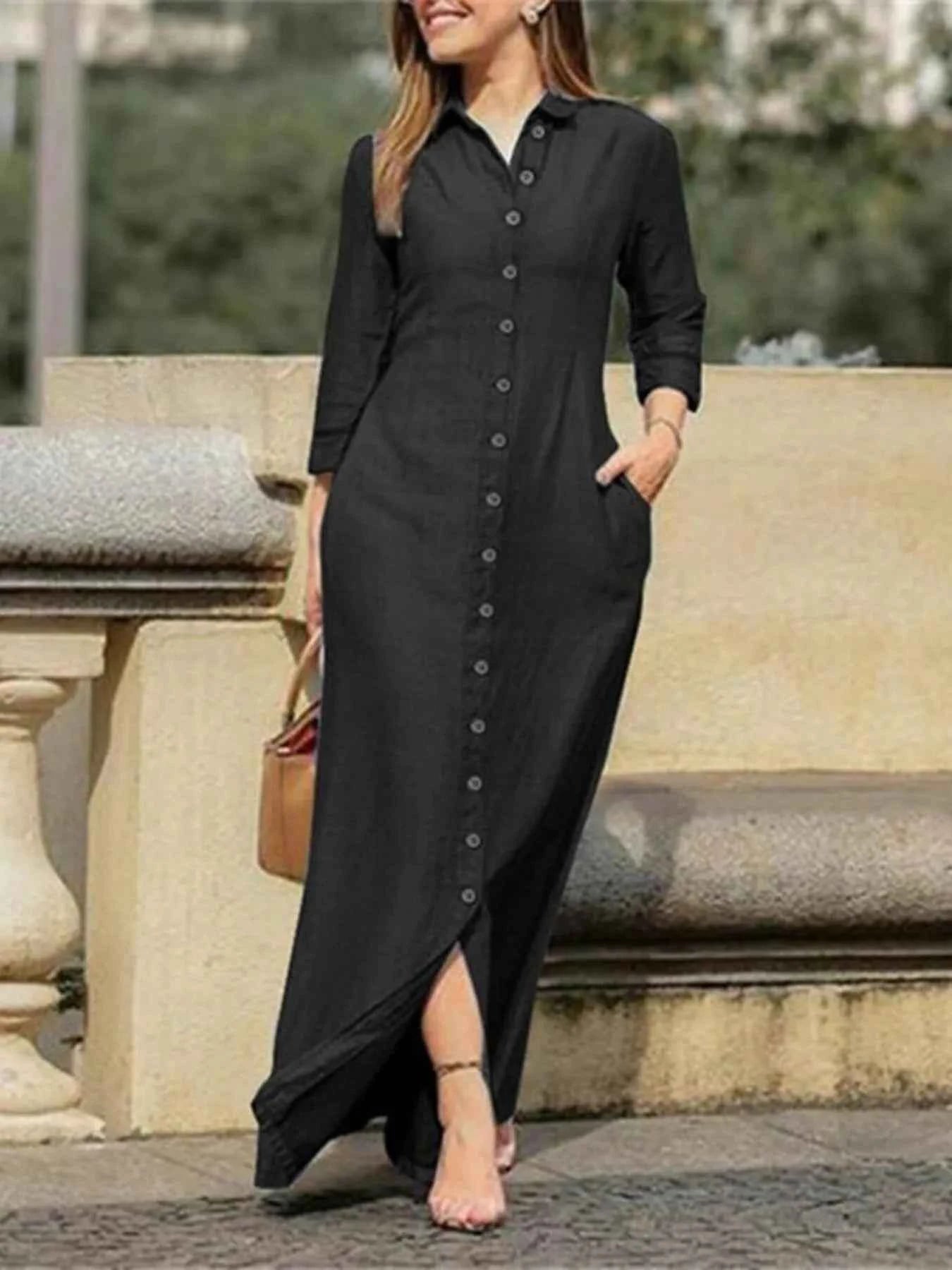 Full Size Button-Down Maxi Denim Dress Plus Size Black b14b05ae698a4020965ce91e46f3ca70-Max-Origin