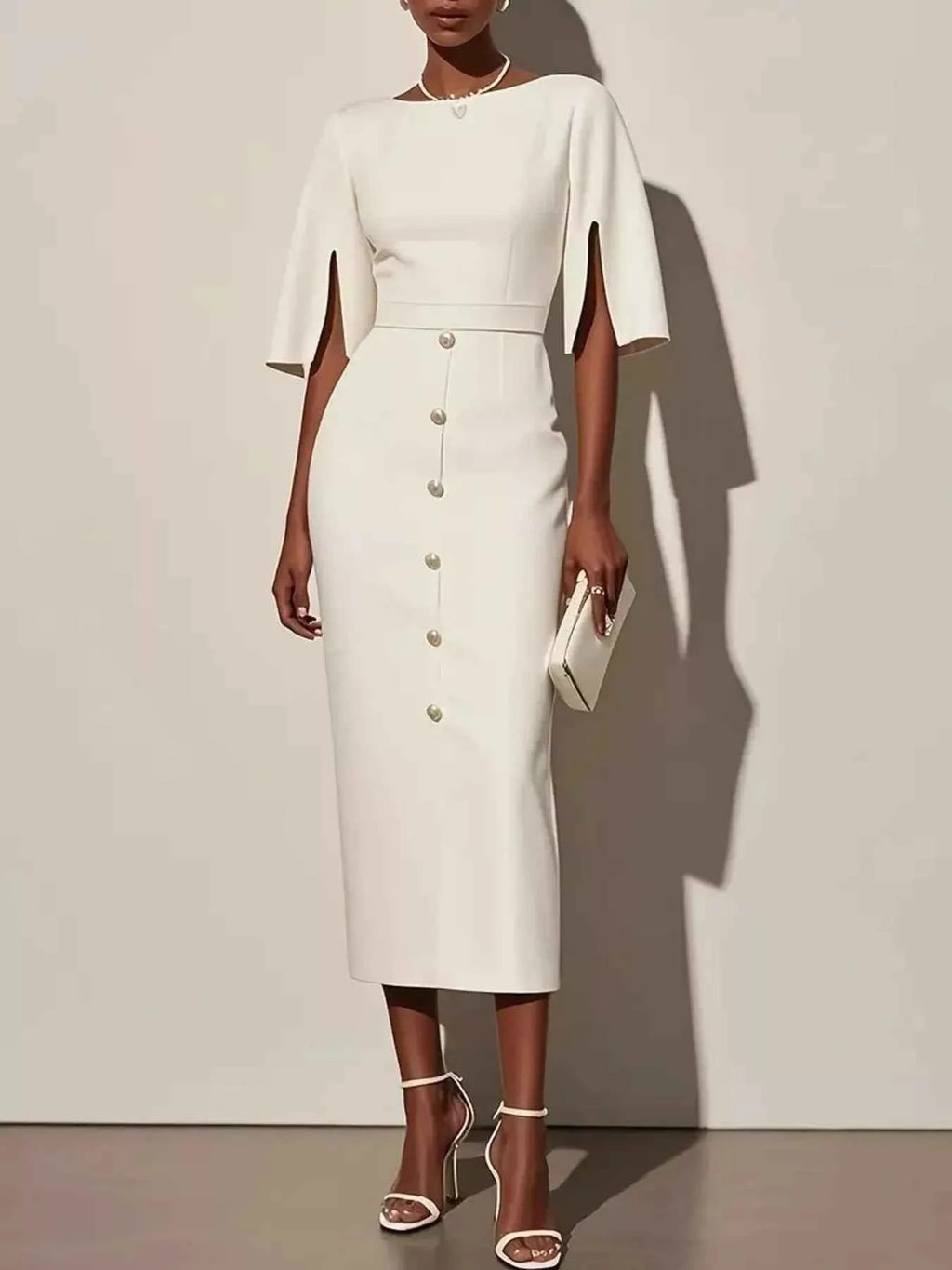 Slit Sleeve Midi Dress with Decorative Button White b14dda87ce074d1fa7cc076ccb63800a-Max-Origin