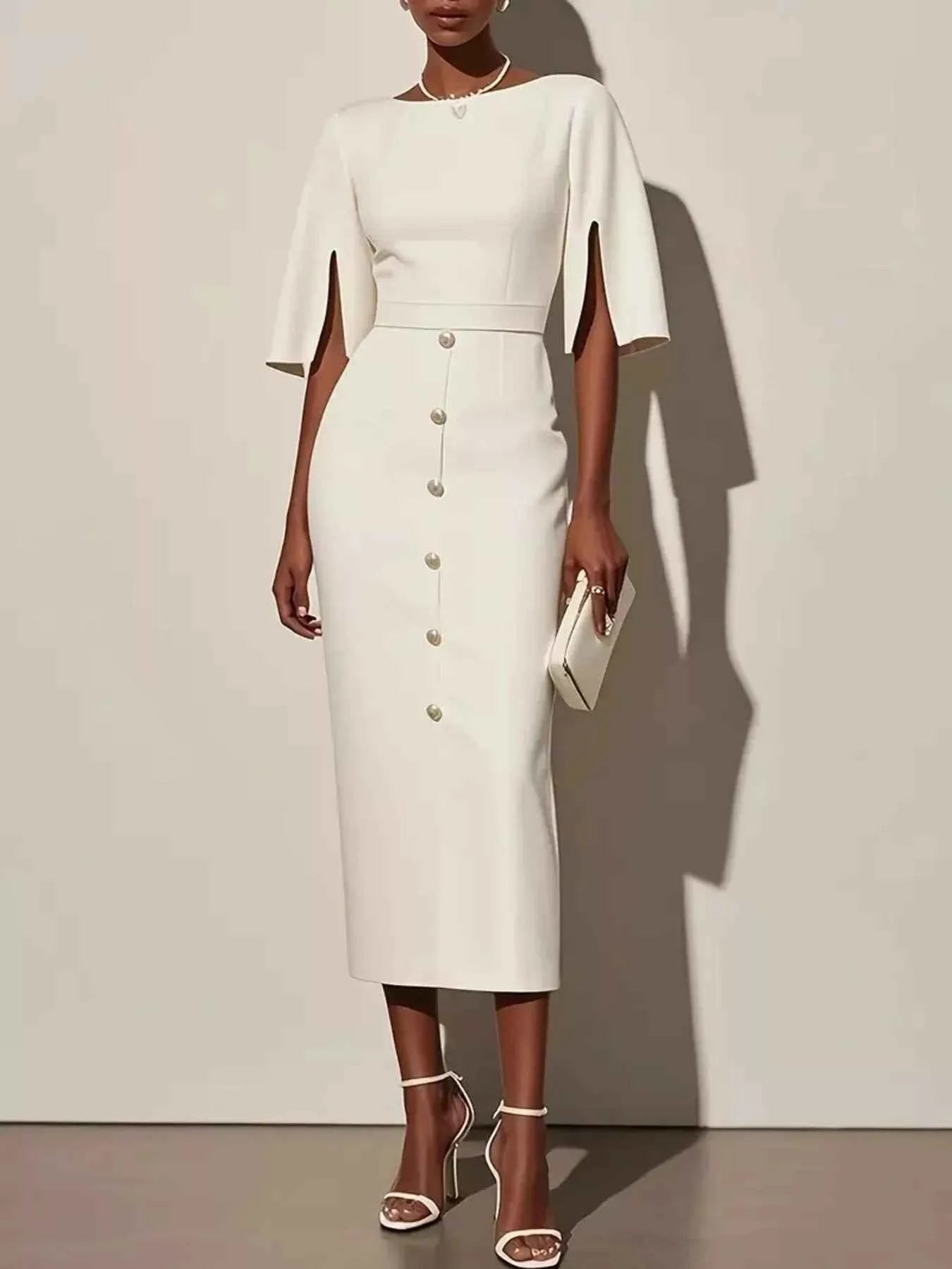 Slit Sleeve Midi Dress with Decorative Button White b14dda87ce074d1fa7cc076ccb63800a-Max-Origin