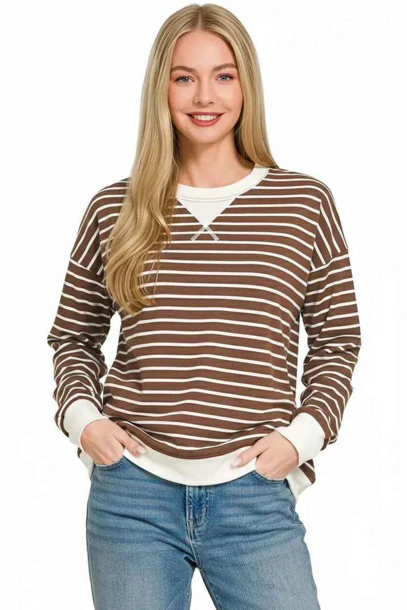 Zenana Contrast Striped Round Neck Sweatshirt b15142b0-b196-4142-8c63-c8b6bc07ee2d-Max-Origin
