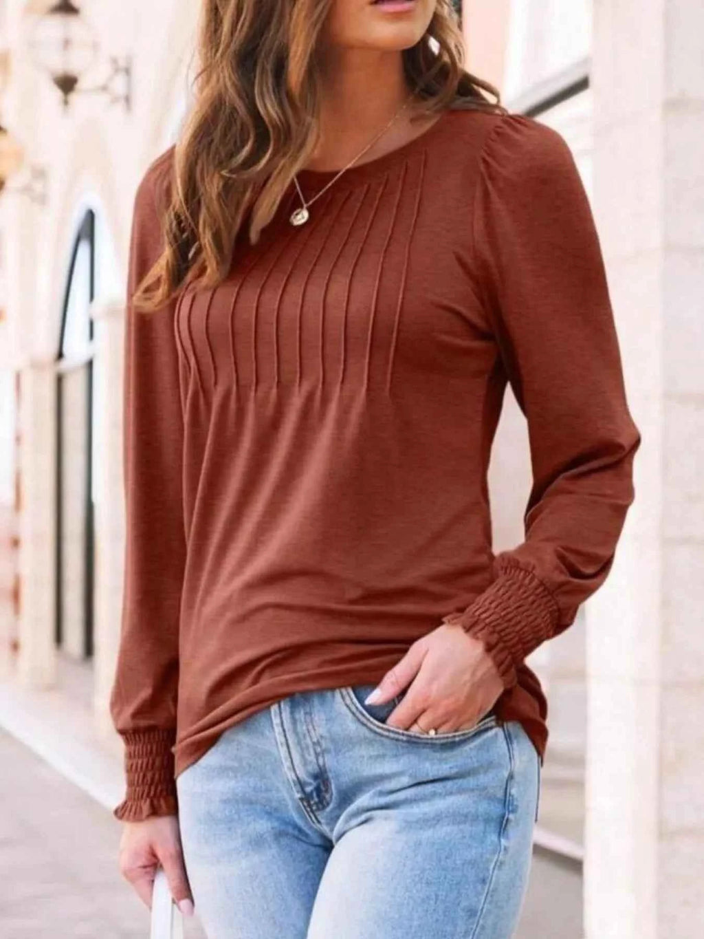 Round Neck Lantern Sleeve Top b15308f1-15ab-464a-b5f5-054b90f6f682-Max-Origin