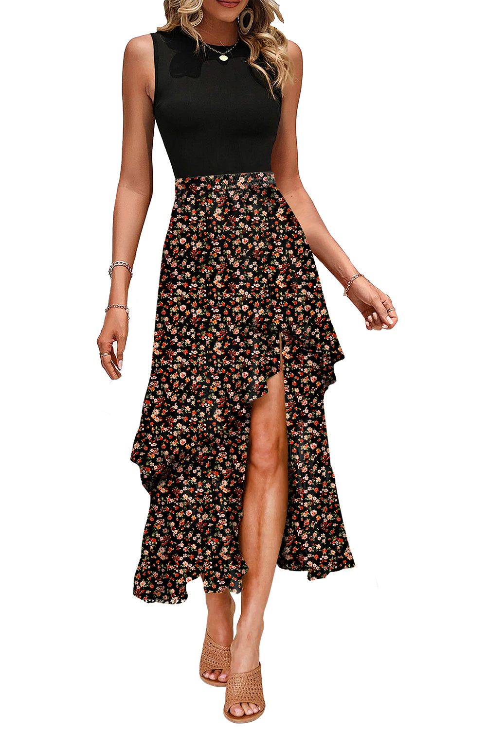 Black Floral Patchwork Asymmetric Ruffle Skirt Solid Tank Bodice Cocktail Dress b157eb21307fc1e9