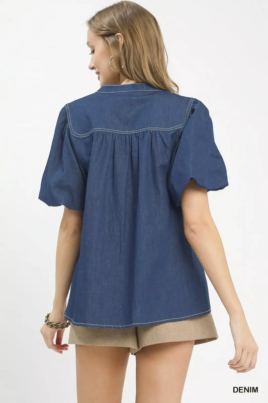 Denim Button Front Puff Sleeve Boho Blouse b15942ac-5308-4bdb-8014-d779ee1514fc-Max-Origin