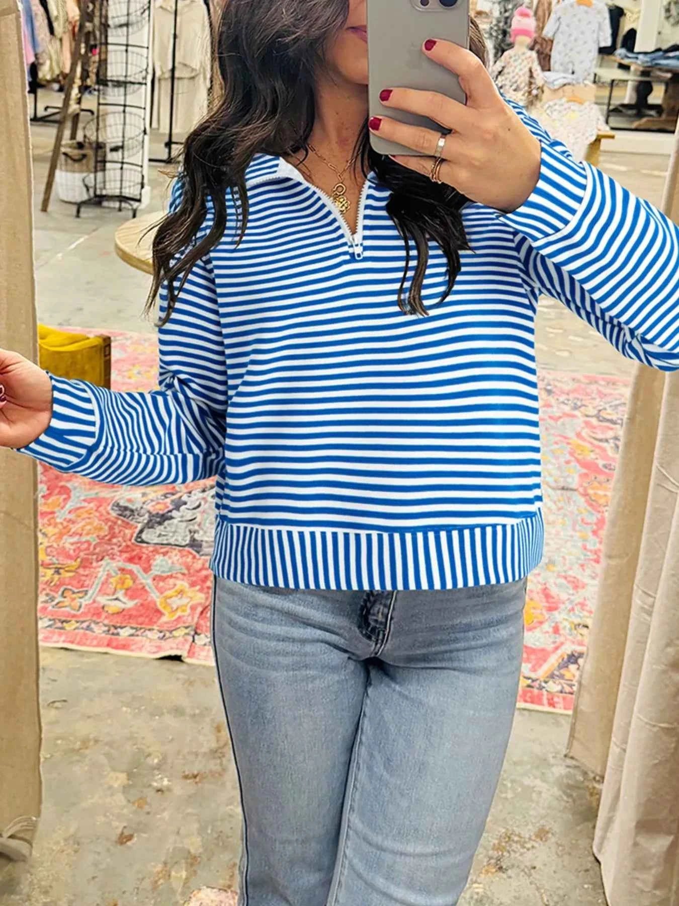 Stripe Quarter Zip Collar Long Sleeve Top b15b99c7-1449-4b67-b45b-a0ac45e0499d-Max-Origin