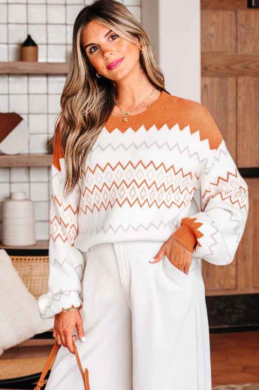 Geometric Zigzag Stripe Crewneck Pullover Sweater Khaki b1696f0e-7a25-4d97-b6a2-72e846fd52bb