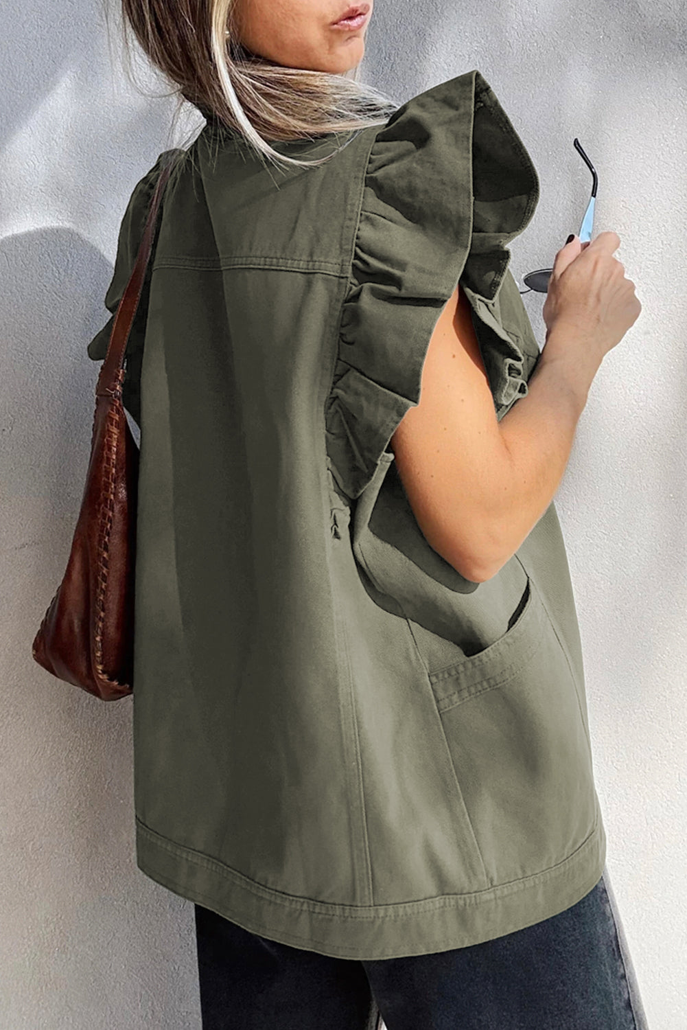 Green Bay Ruffle Plain Denim Jacket Vest b16c076ec6d65f75