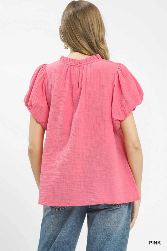 Textured Gauze Ruffle Neck Boho Top b171a888-fb30-49ff-83a5-4ed046f54d9a-Max