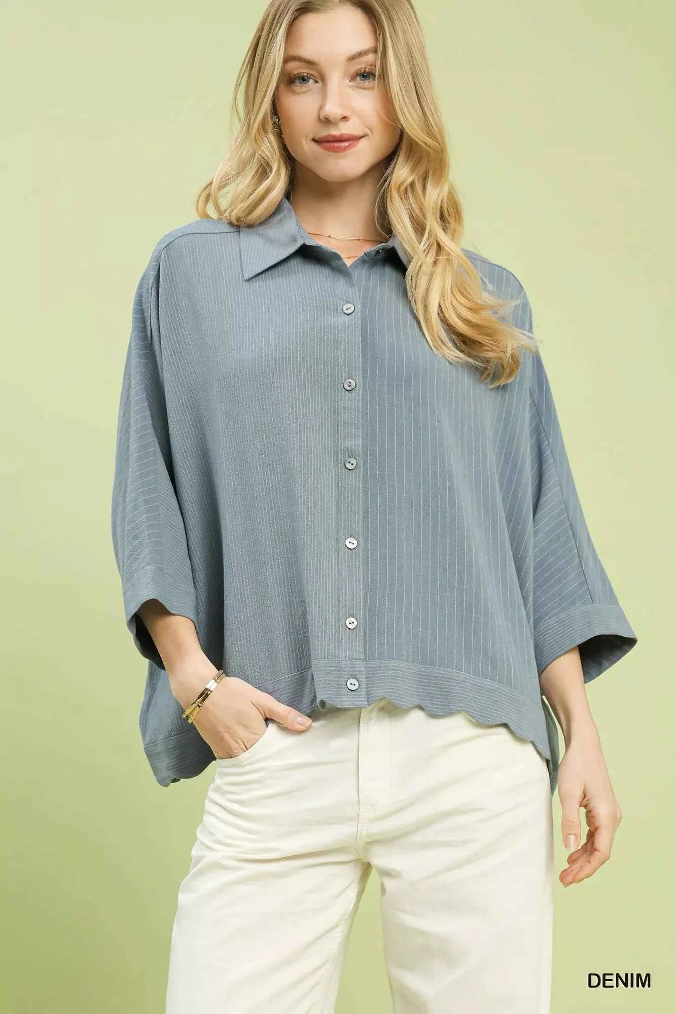 Umgee Oversized Striped Button-Down Shirt DENIM b17349fb-5a32-44b7-9f51-95050a8c393e-Max-Origin