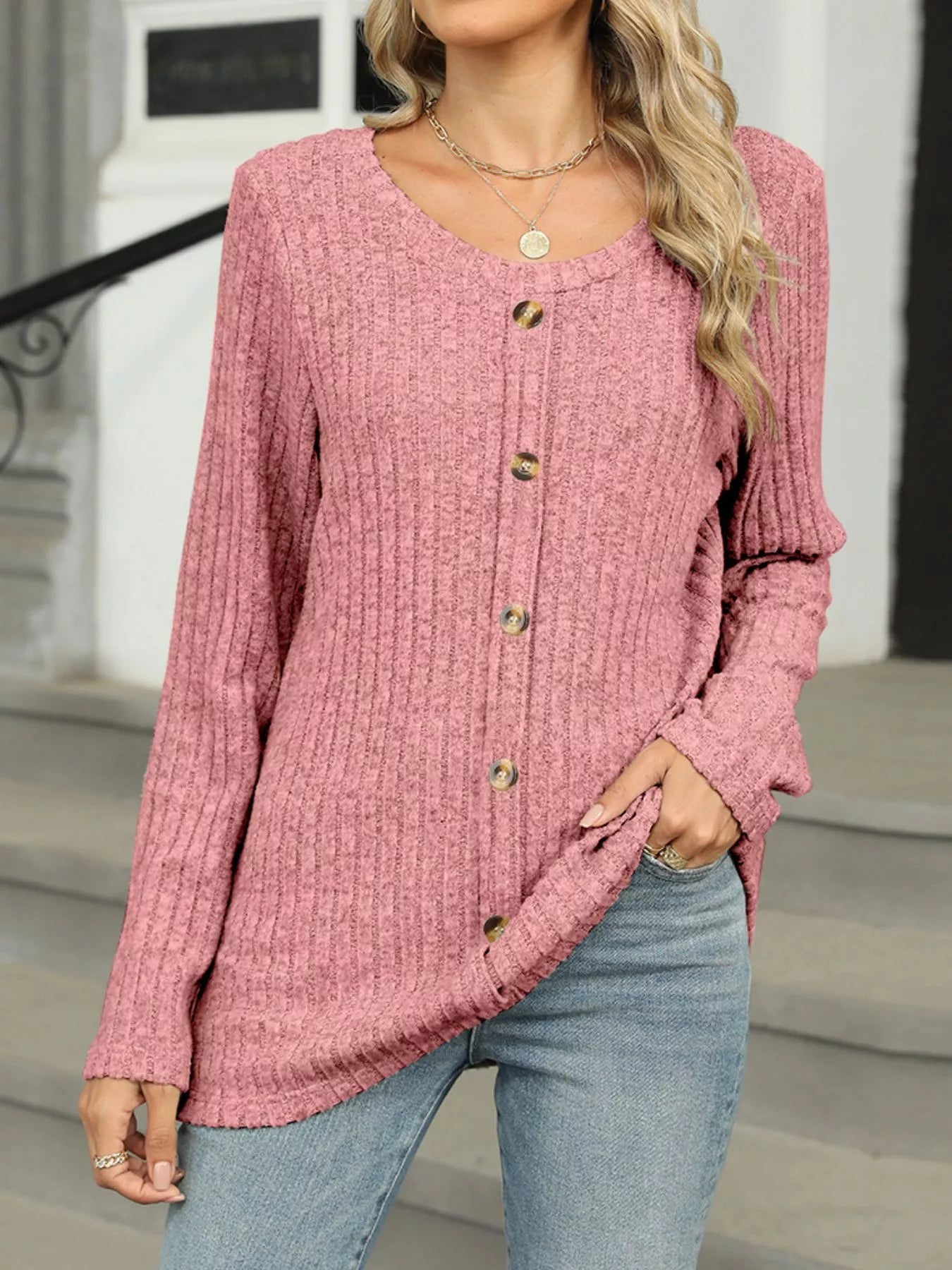 Ribbed Round Neck Long Sleeve Top Pink b174f107-52d3-4297-9934-75898d534367-Max-Origin