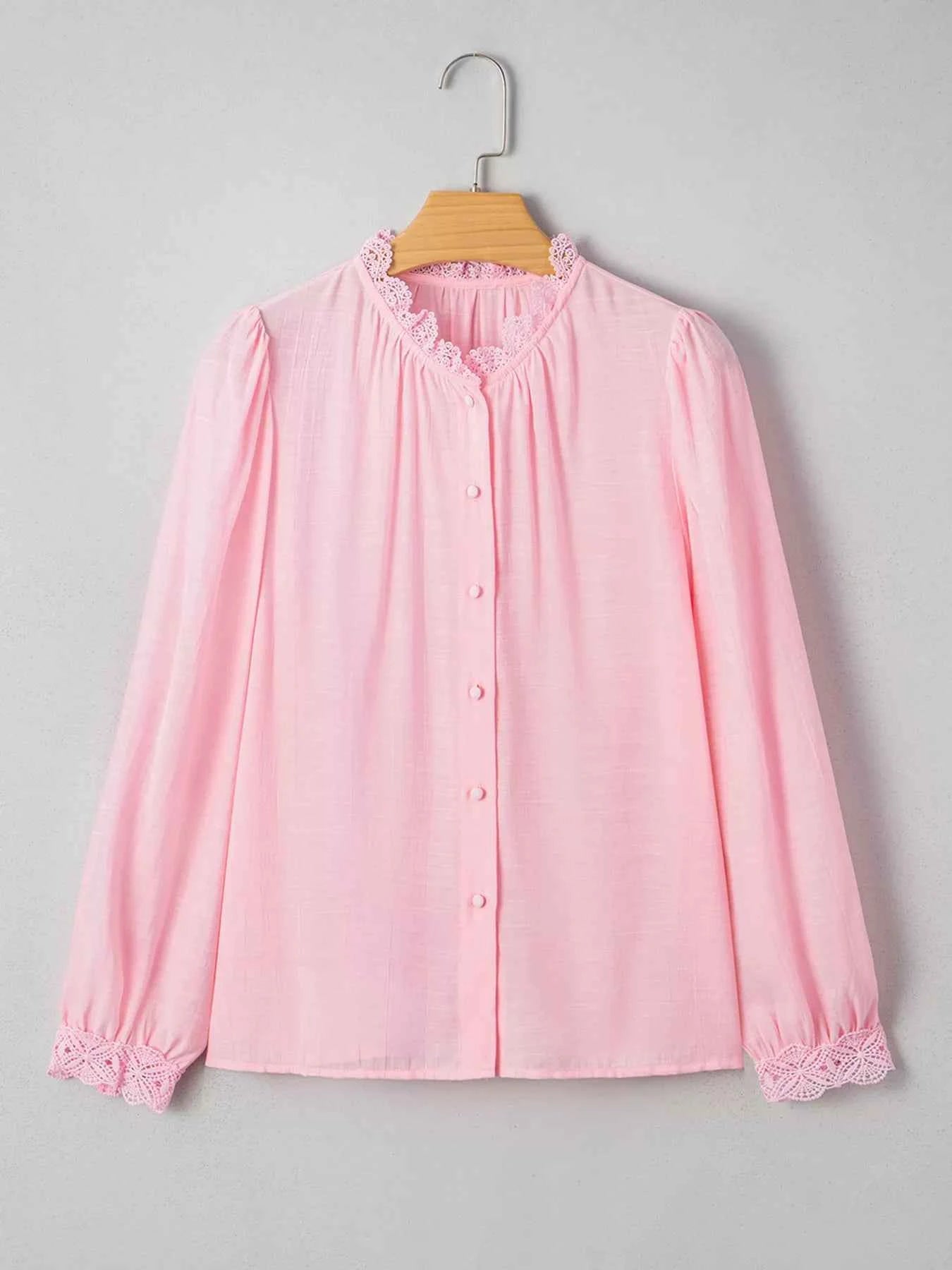 Lace Patchwork Edge Collarless Button Up Shirt b175108a47b641fc92ad3d95ec0a25a6-Max-Origin