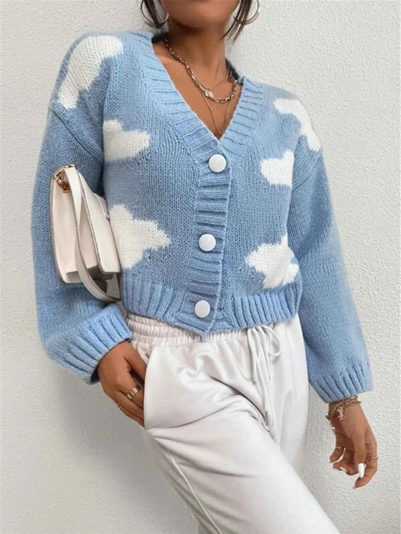 Contrast Cloud Pattern Cropped Button-Up Cardigan b1779cc55d4c460abb5a1b9aab6f4949-Max-Origin