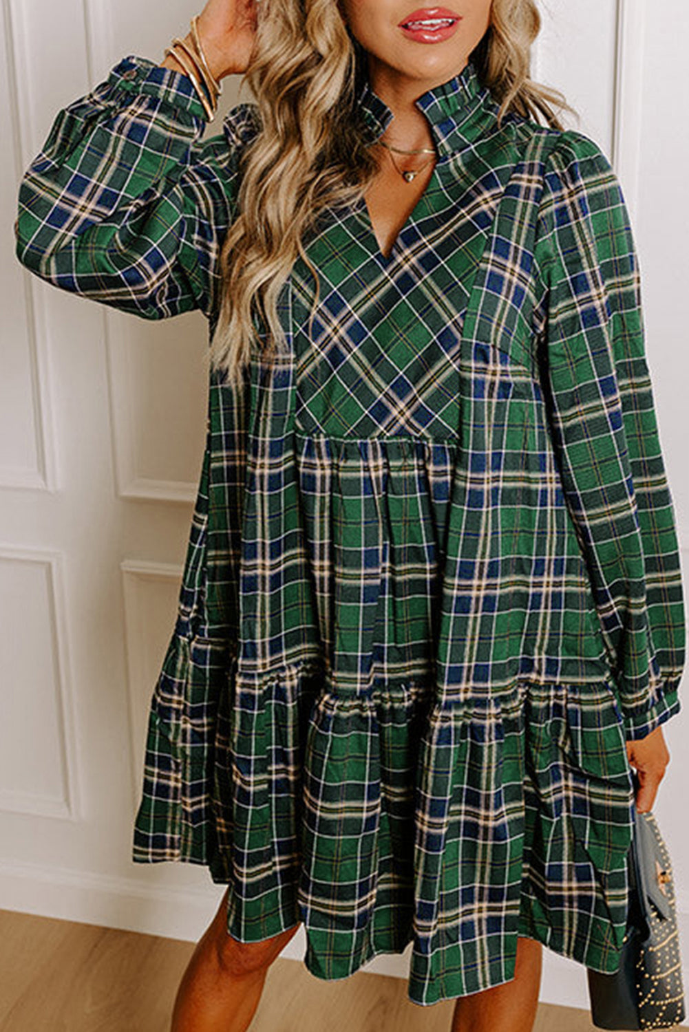 Green Plaid Print Frill Neck Long Sleeve Mini Dress b177b432ac375a57