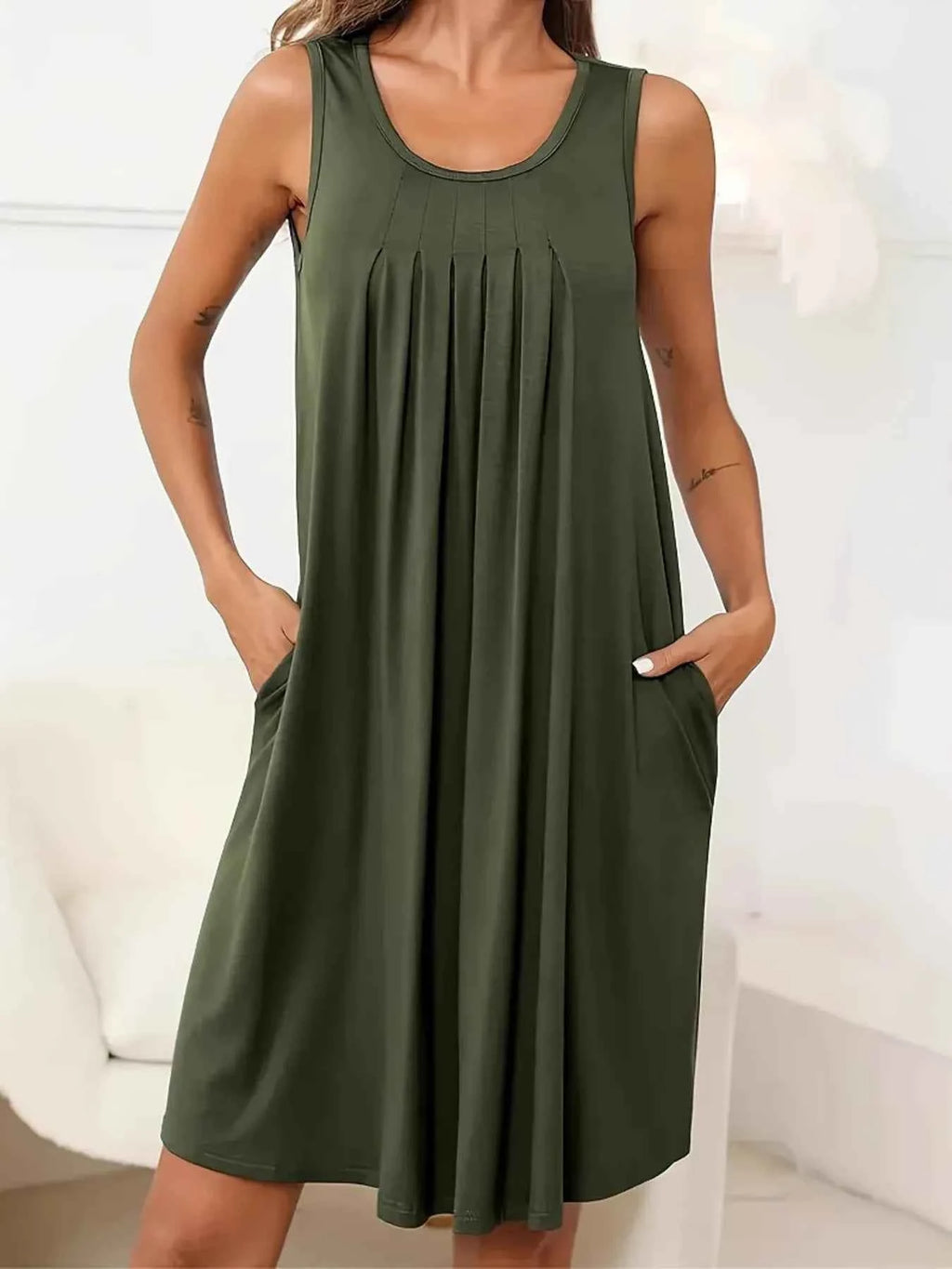 Flowy Pleated Tank Dress with Pockets Army Green b1781a515b824f1eb059192ab37ac48a-Max-Origin