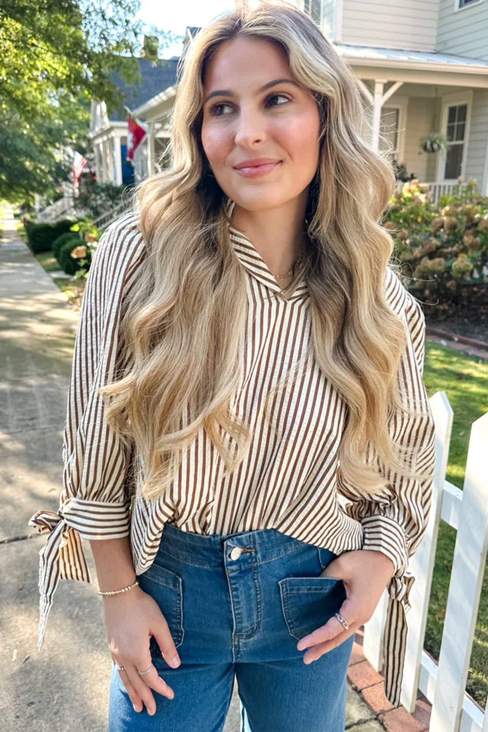 Straw Yellow Striped Frill V Neck Knot Bracelet Sleeve Blouse b1794e882becf9b4