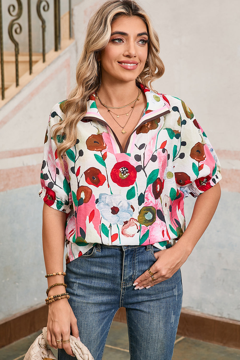 Pink Floral Print Boho Pop of Color Neckline Blouse b17aaeb737dc1462