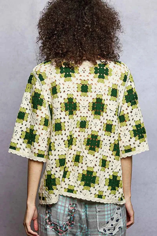 Round Neck Short Sleeve Color Pattern Crochet Top with Border Accents b17c26e9-0806-4038-a7ee-25f6d268349d-Max-Origin