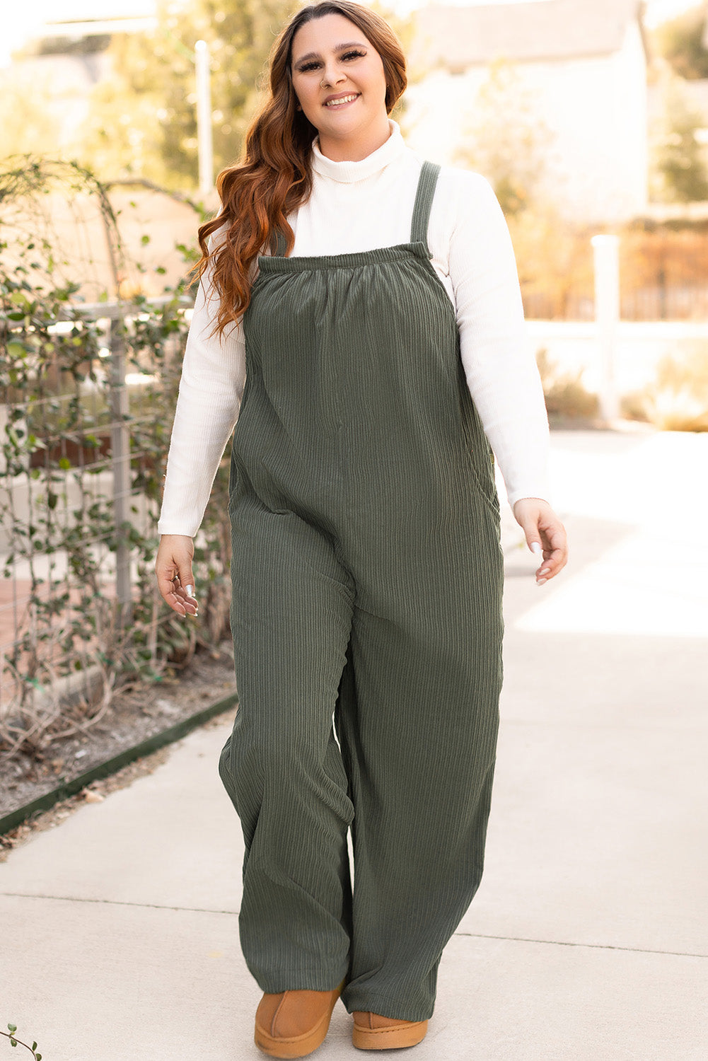 Jungle Green Plus Size Side Pockets Corduroy Overall b182aa3b198ead25