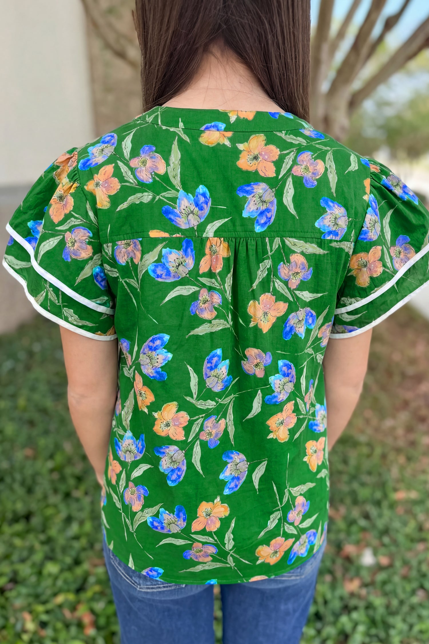 Green Plus Size Ruffled Short Sleeve Floral Top b1863ec54dedf905