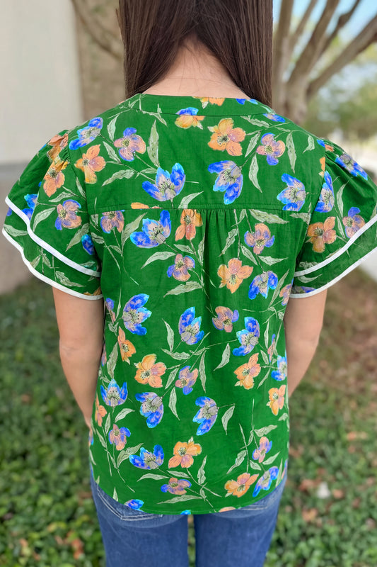 Green Plus Size Ruffled Short Sleeve Floral Top b1863ec54dedf905