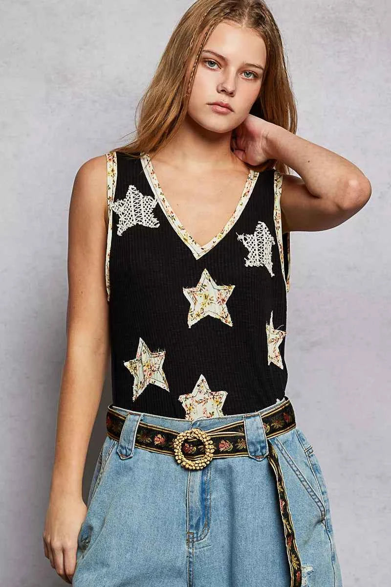 POL Washed Ribbed V-Neck Tank with Floral Print Star Patch b1881ea4-0d95-4093-bc95-57175a05bbeb-Max-Origin