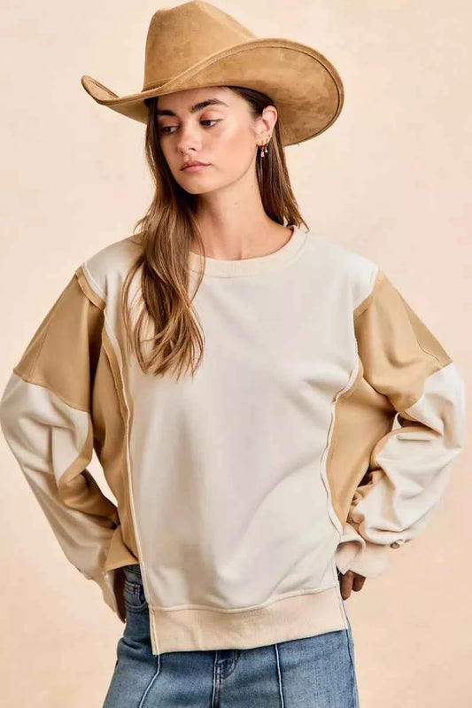 BiBi French Terry Color Block Top With Open Seam Detail IVORY SAND b18bf5ba334b46c78f3ba10931fa390d-Max-Origin