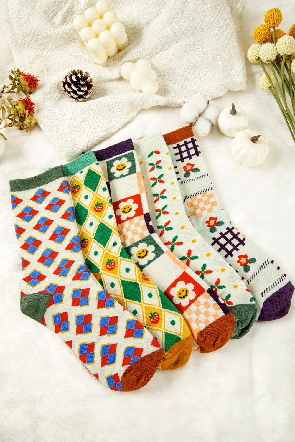 White Plaid Floral Cotton Crew Socks b1a2d59fb5b49a0a