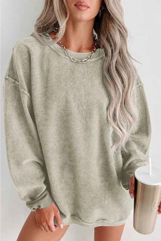 Solid Ribbed Knit Round Neck Pullover Sweatshirt b1a4a0d9-1fe2-47f2-a338-f98e2e9c1507