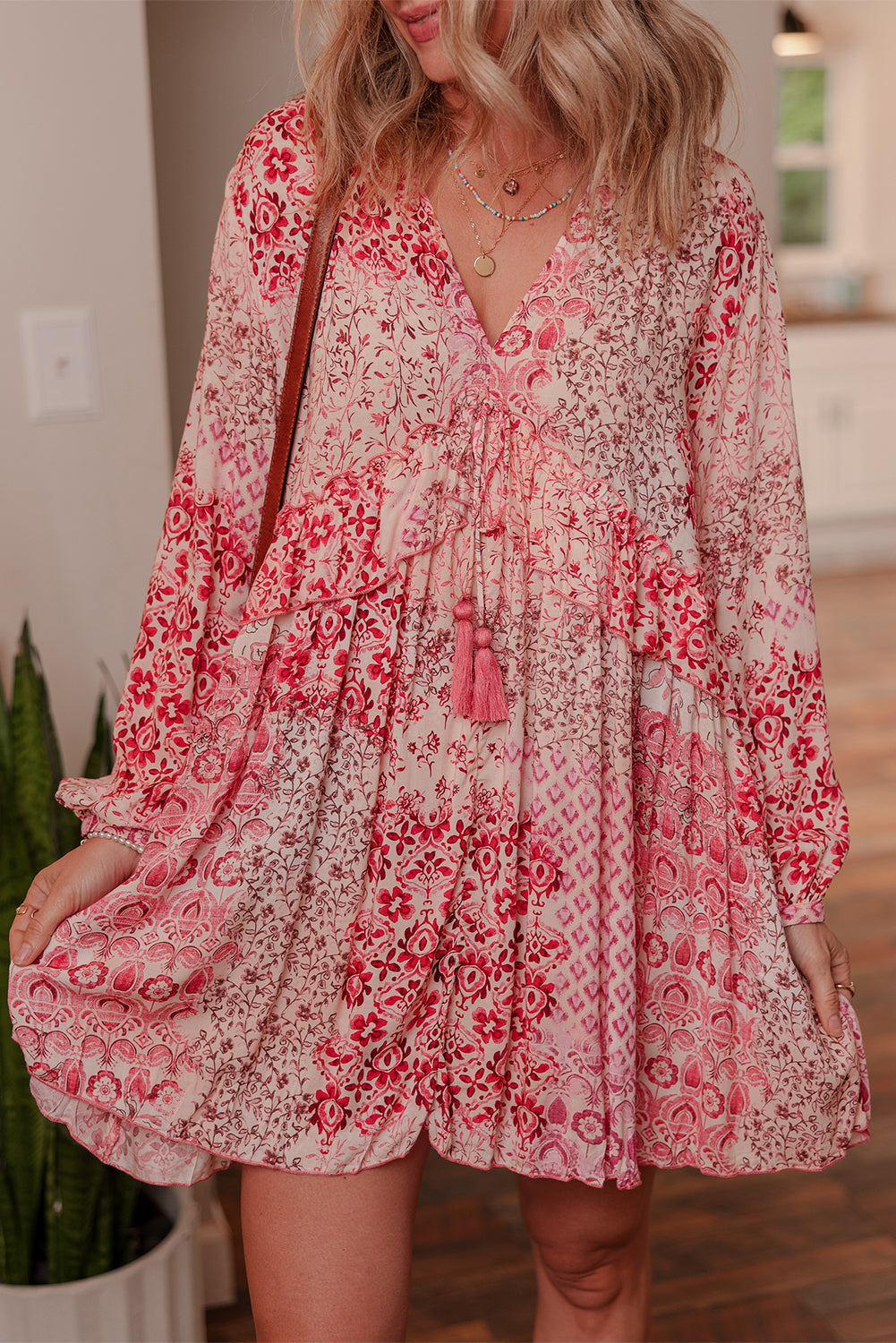 Pink Bohemian Floral Print Tassel Tie Long Sleeve Flowy Mini Dress b1ab722a93fe9d6a
