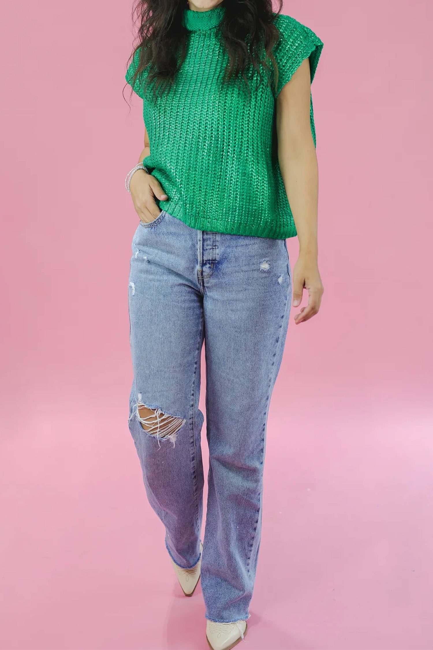 Bright Green Solid Color Knit High Neck Short Sleeve Sweater b1adab2a0a8d8b5c
