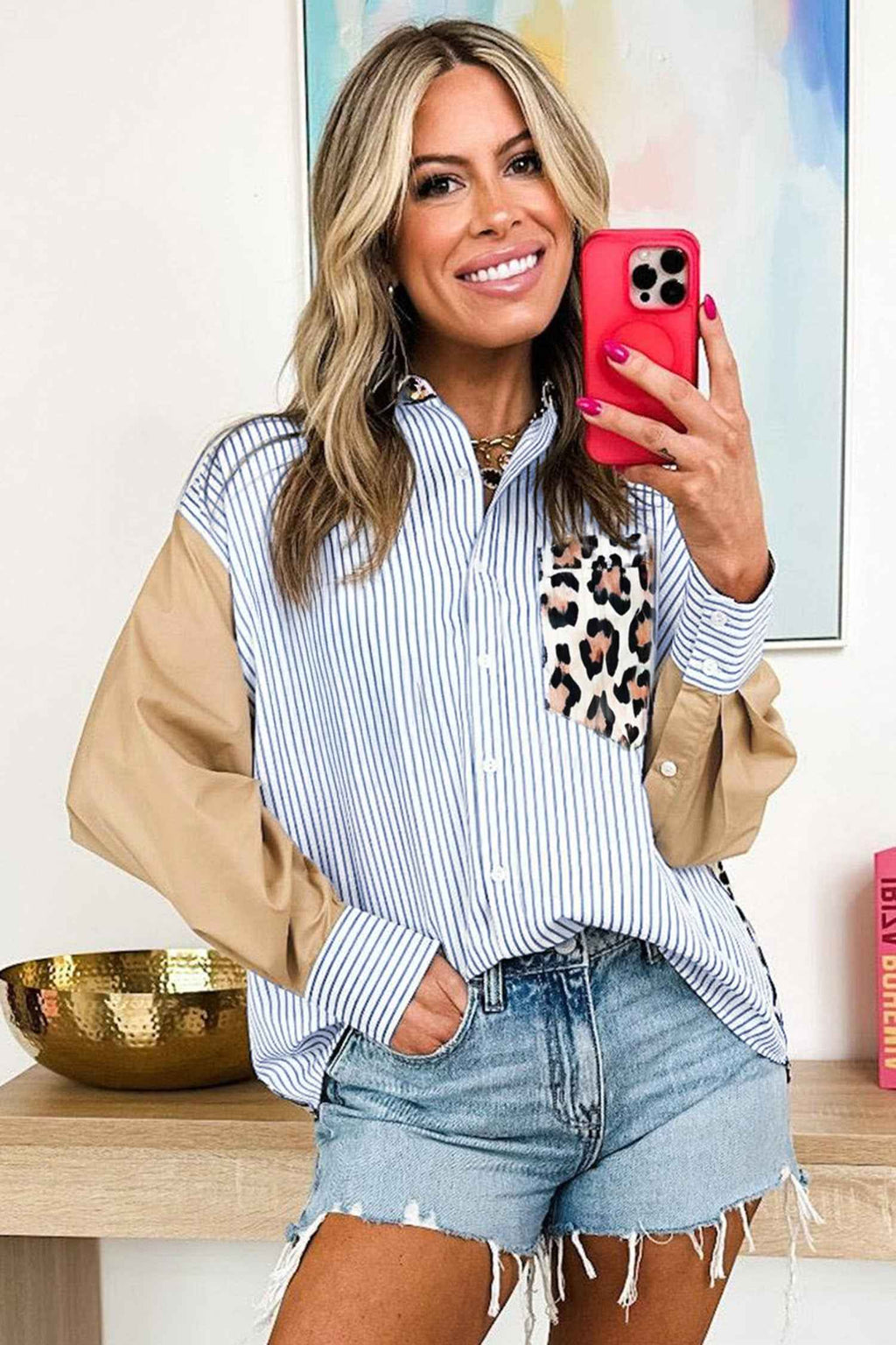 Sky Blue Stripe Colorblock Leopard Patchwork Chest Pocket Cuffed Sleeve Shirt b1b1235312247b95