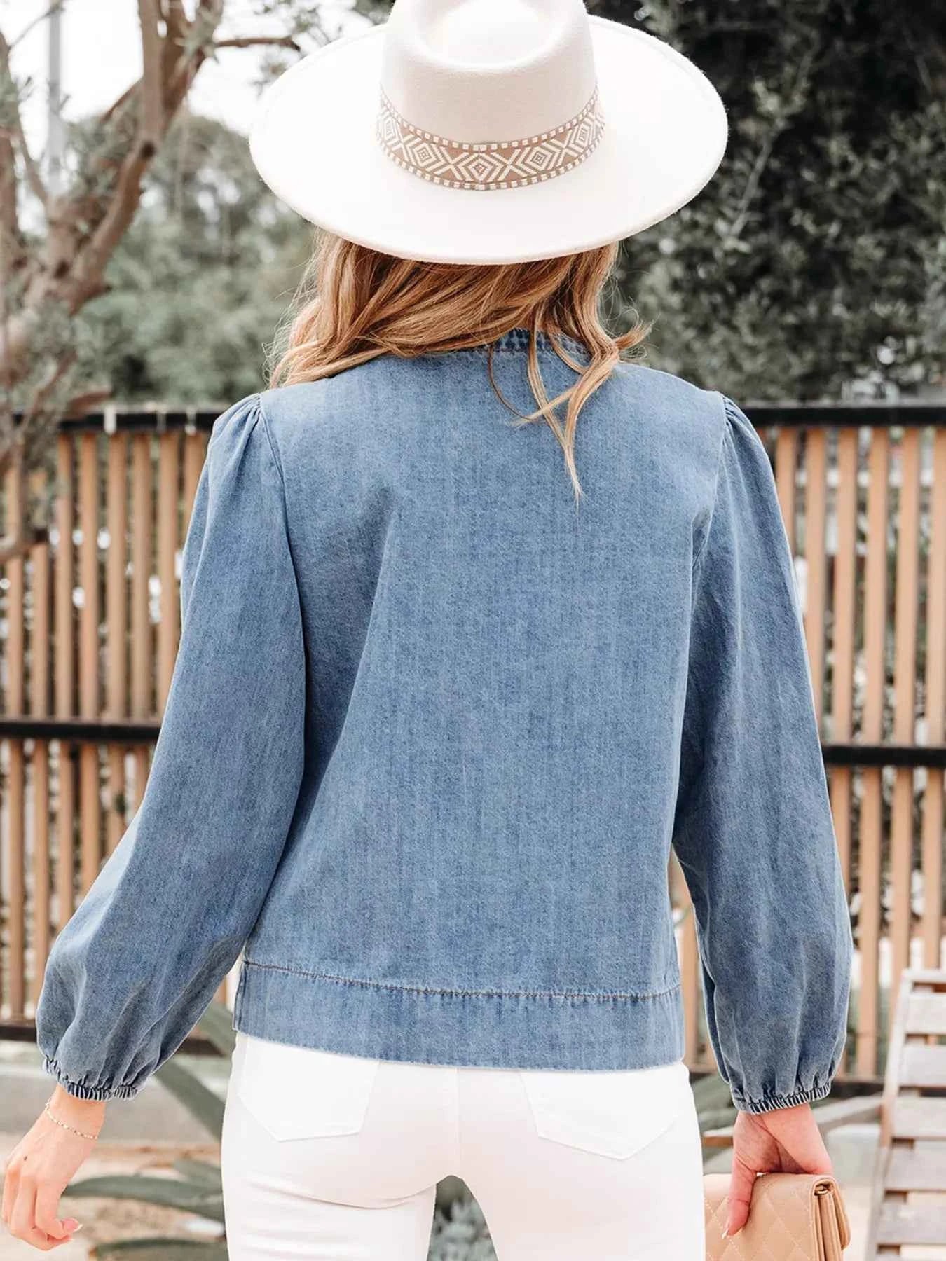 Tied Front Puff Sleeve Denim Top b1b3b13477524136b3fde3768e9913d0-Max-Origin