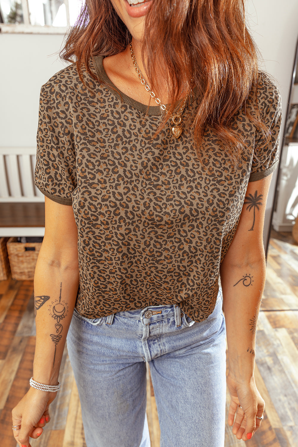 Khaki Fierce Leopard Crew Neck T Shirt b1b91dd14e0476a8