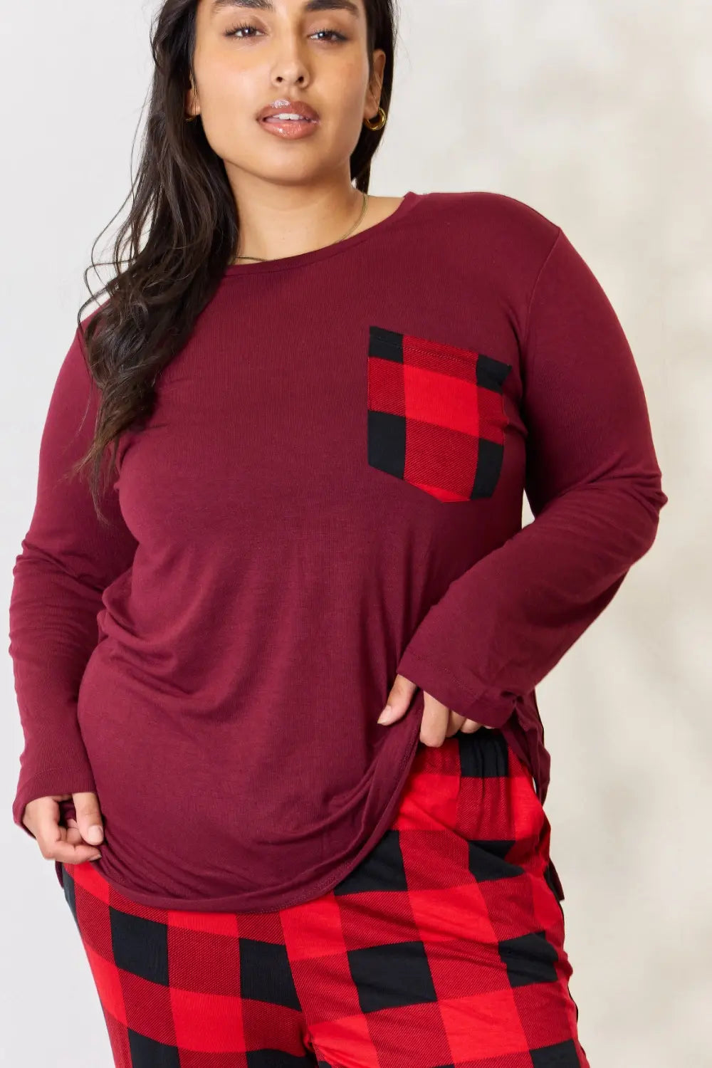 Zenana Full Size Plaid Round Neck Top and Pants Pajama Set b1bf7ff7384c48c7be5214d6965d6c2b-Max