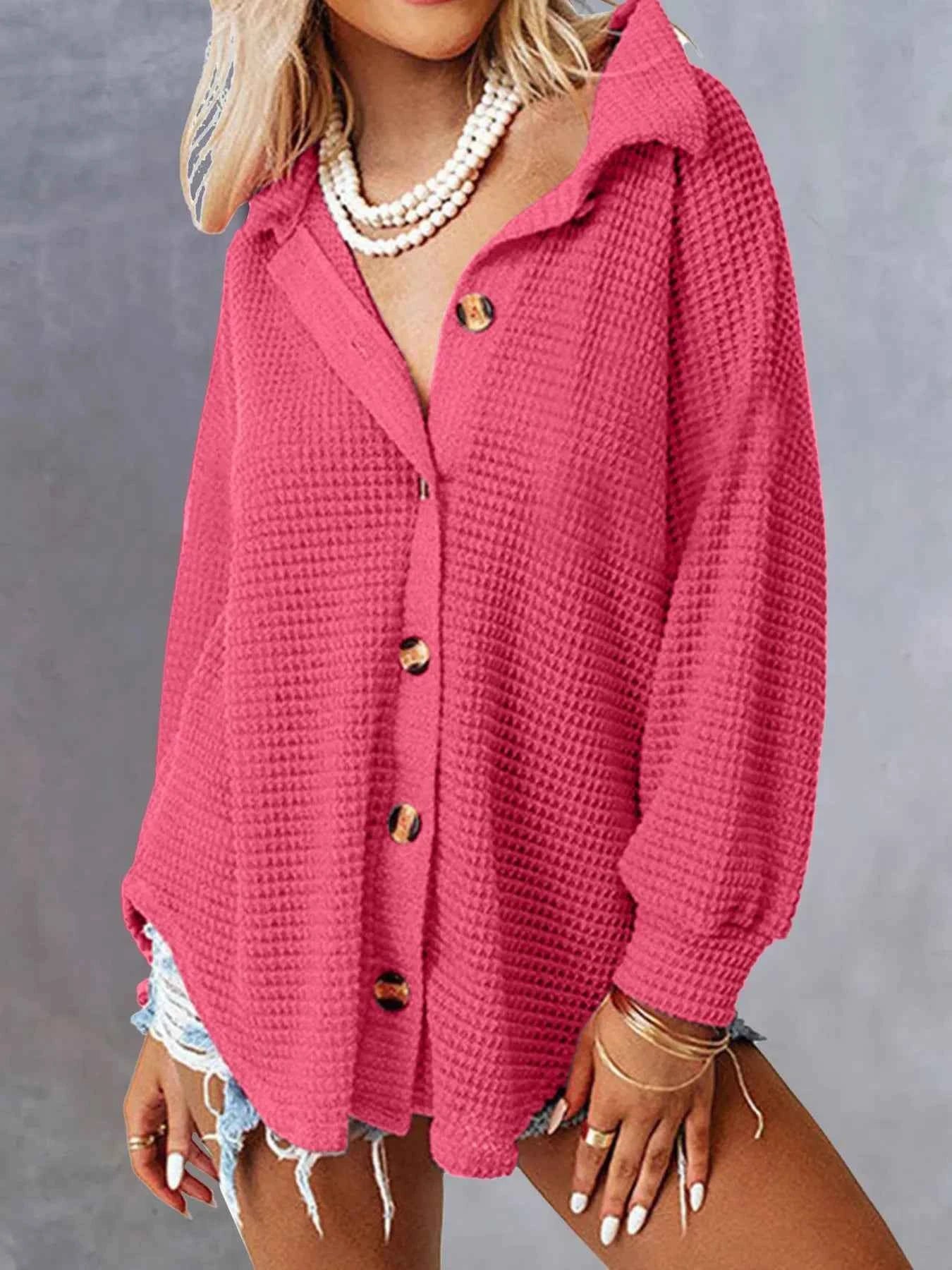 Waffle Knit Button-Down Shirt Rose Red b1c58b054e6f403db2243493c8841482-Max-Origin