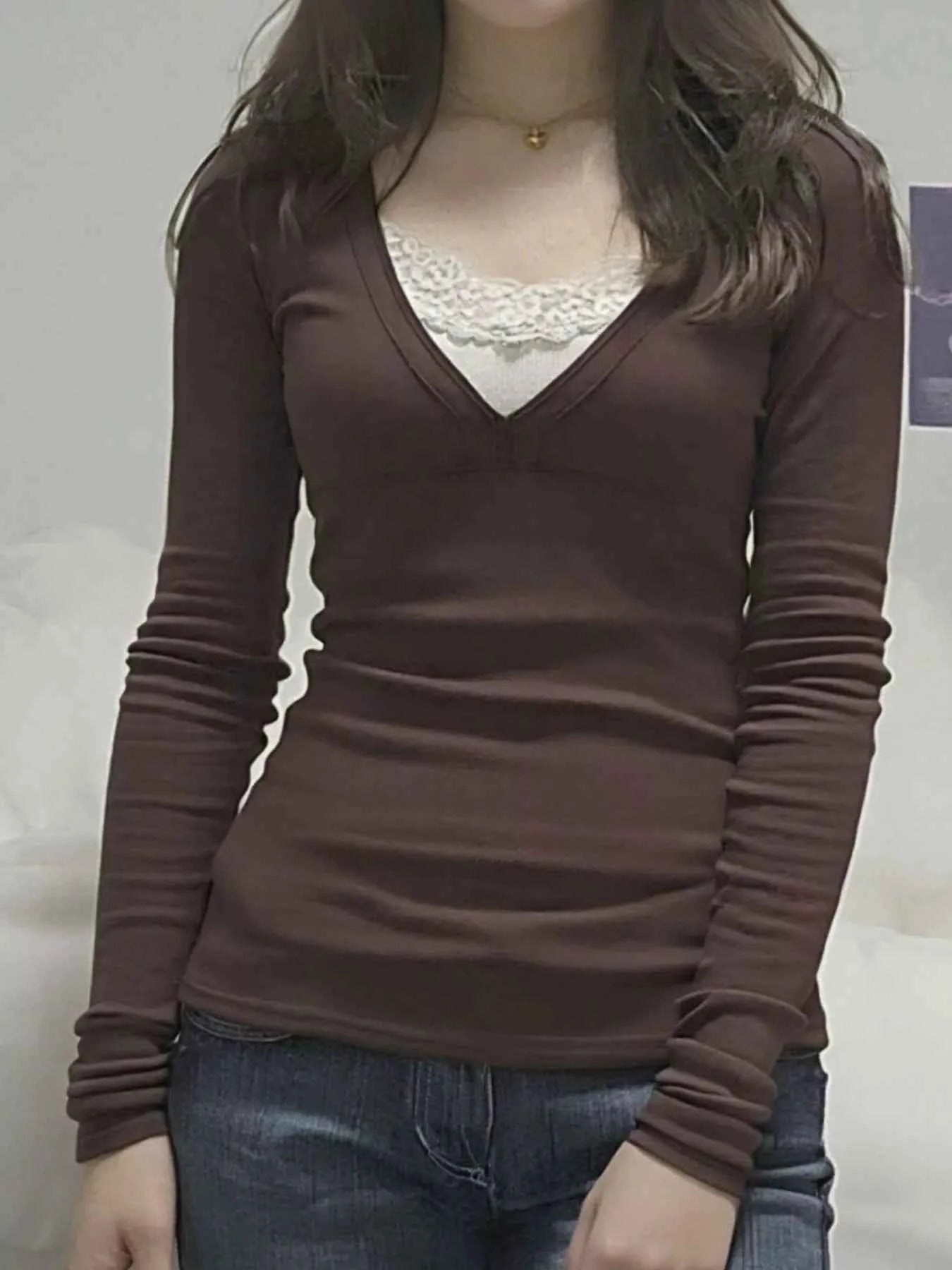 Long Sleeve T-Shirt with Lace Detail Brown b1c9148d-79ef-4aa9-b5da-710571367b77-Max-Origin
