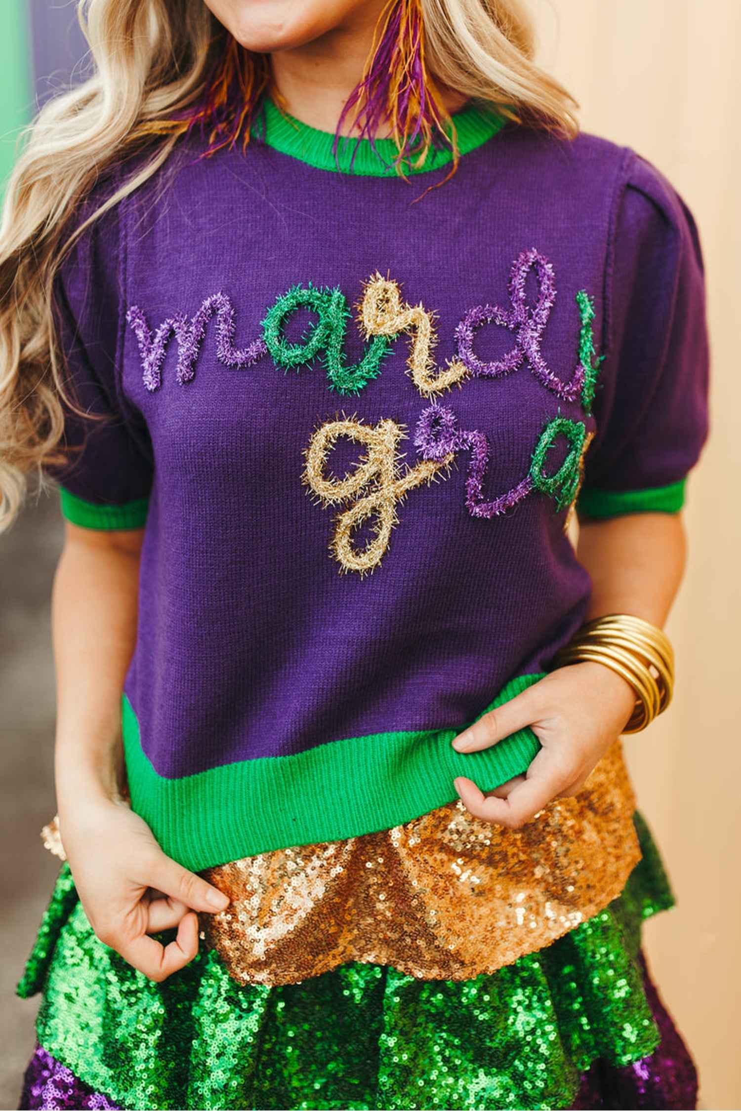 Tillandsia Purple Mardi Gras Tinsel Graphic Short Sleeve Sweater Tillandsia Purple 52%Viscose+26%Polyester+22%Polyamide b1ca86cfb27b608c