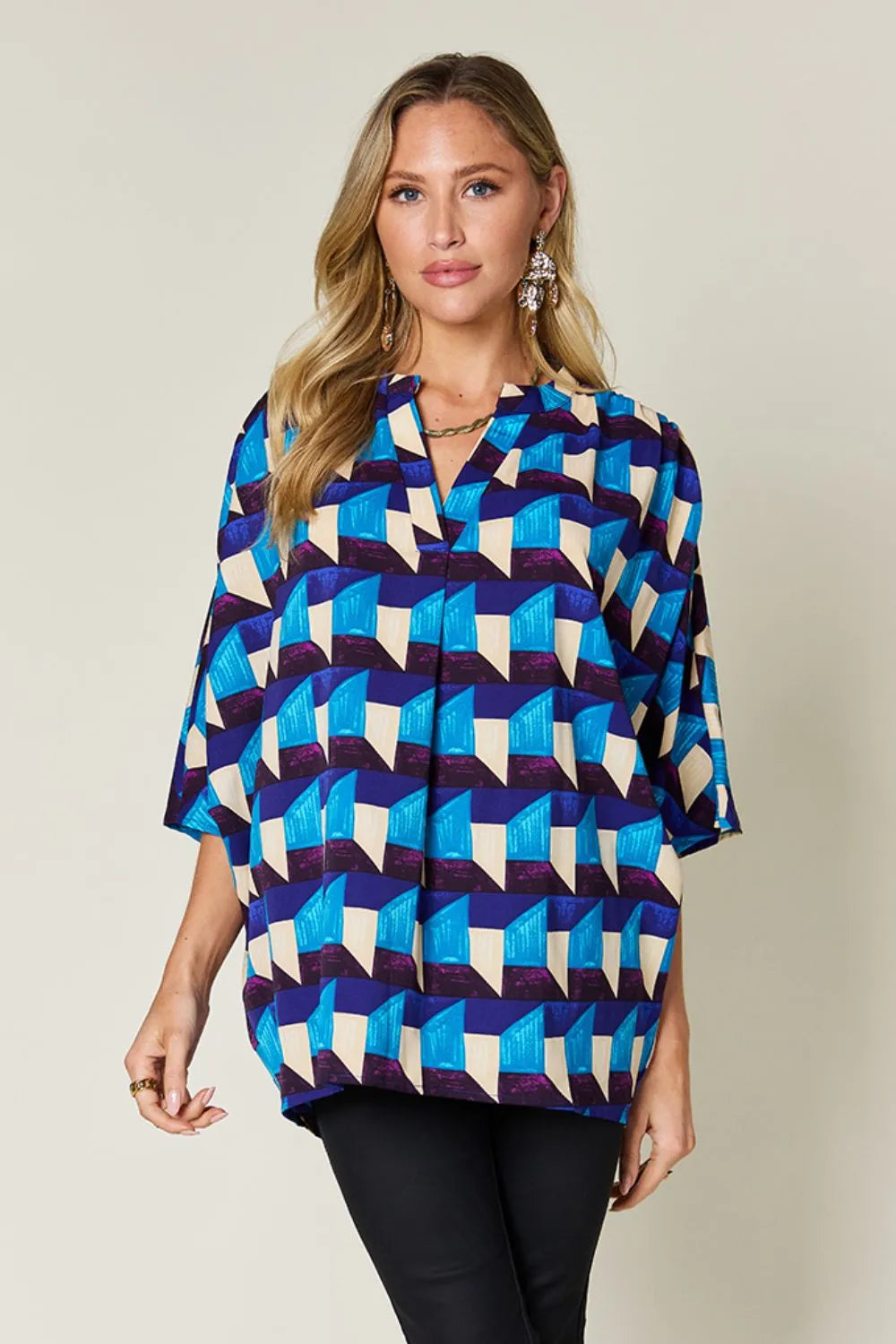 Double Take Full Size Geometric Notched Half Sleeve Blouse Sky Blue b1cb0fd8-8044-40ee-bbb2-04e18b3c821e-Max