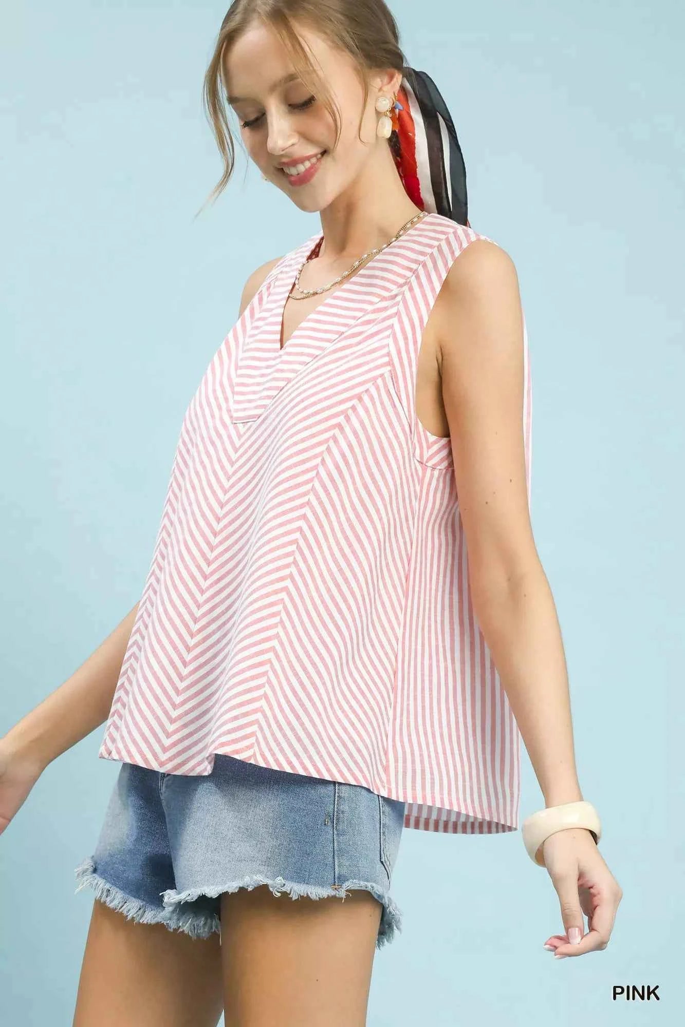 Umgee Mixed Stripe Sleeveless V-Neck Top b1ce59c5-a993-4359-9e5f-893cf10a7875-Max-Origin