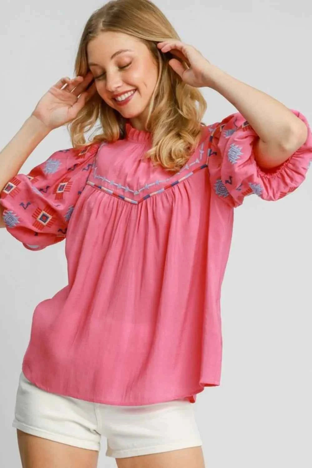 Umgee Full Size Embroidered Puff Sleeve Mock Neck Top Plus Size Hot Pink b1d09589-3c7e-4080-8c06-b5c5c95f4650-Max