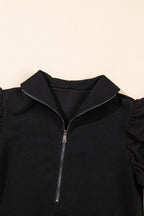 Black Textured Ruffle Sleeve Zipped Top and Wide Leg Pants Set