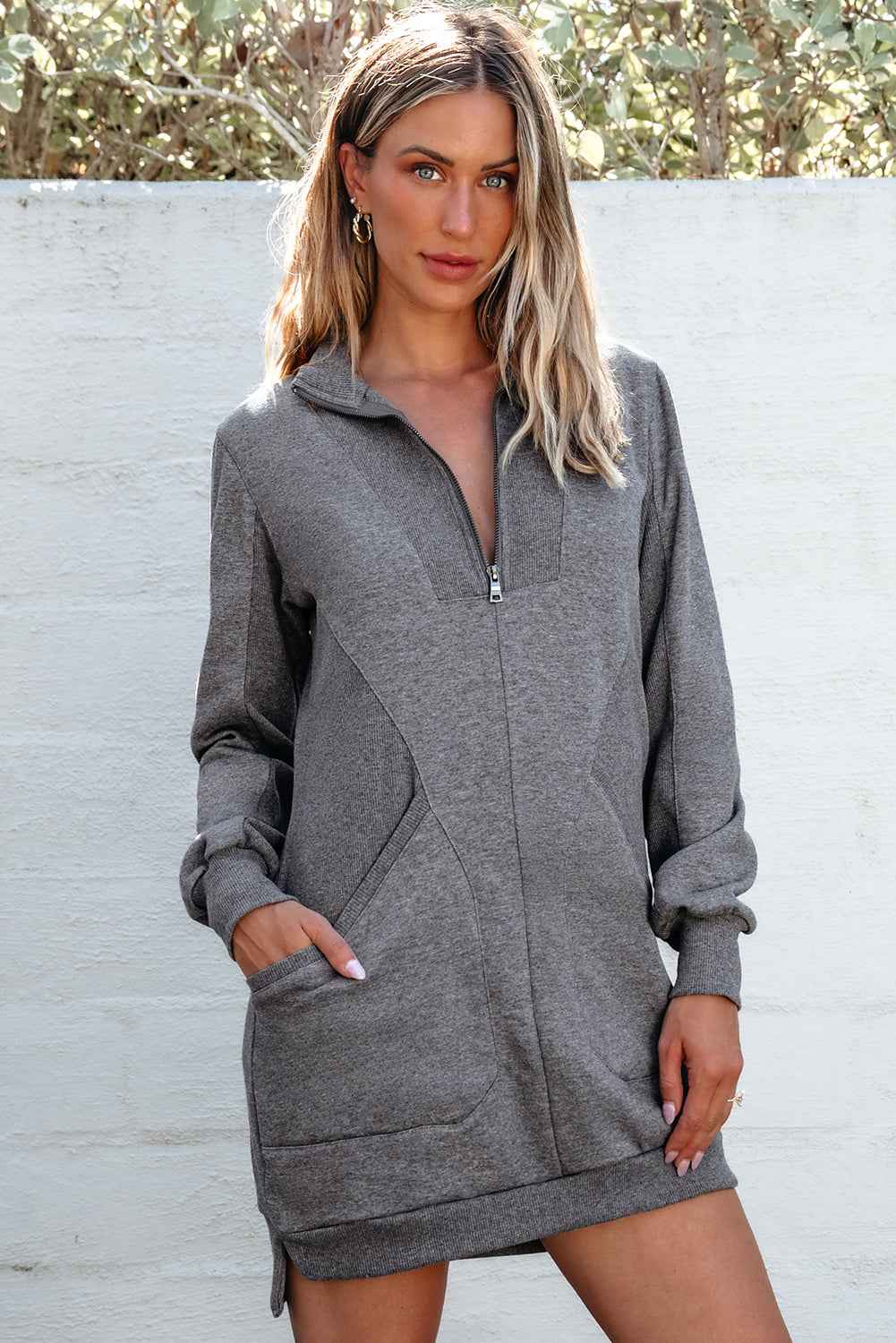 Ivy Zip up Collared Ribbed Patchwork Sweatshirt Dress with Pockets b1da67a6fcd089c6