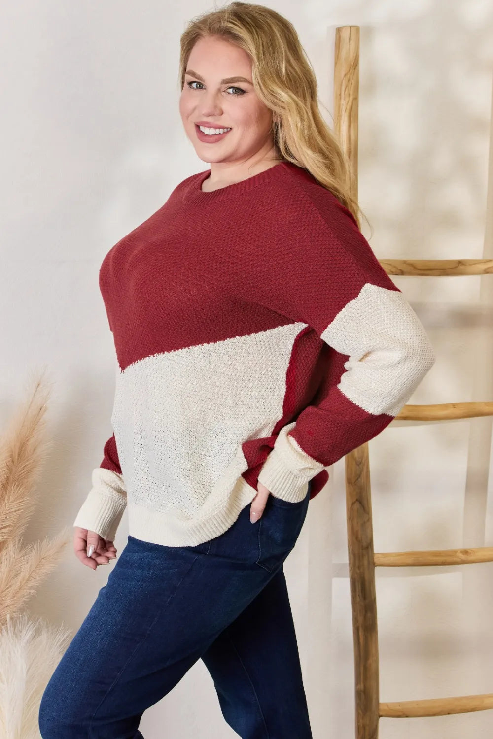Hailey & Co Full Size Color Block Dropped Shoulder Knit Top b1dd20af-86cb-4827-9986-e1359a49c36d-Max