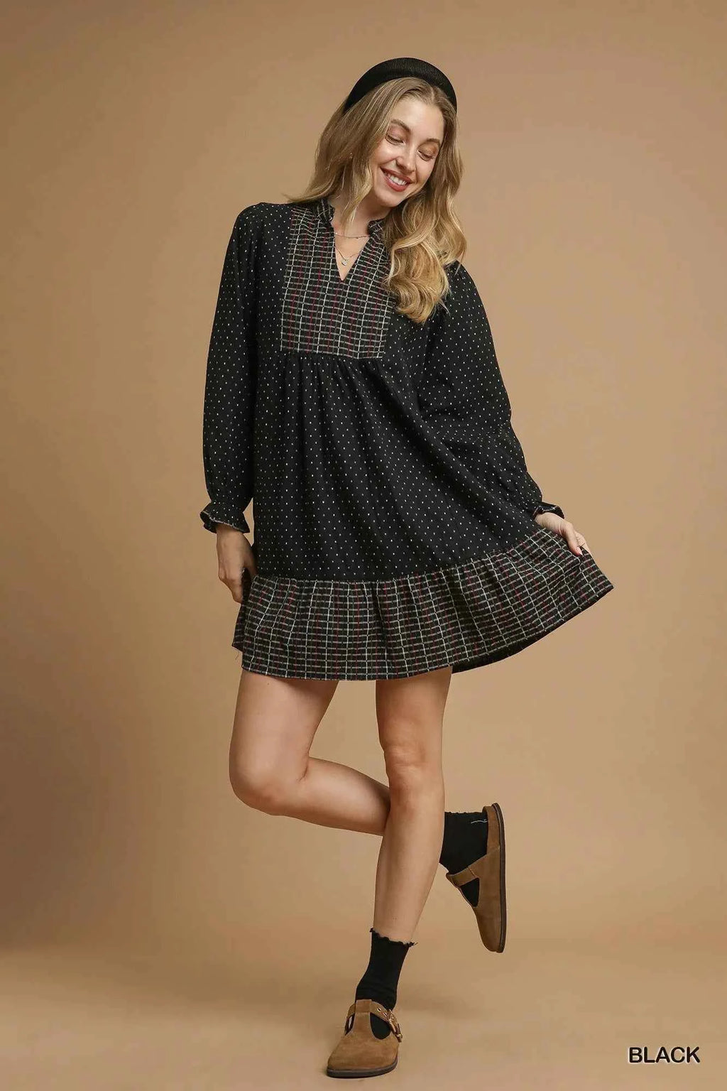 Umgee Polka Dot Plaid Trim Babydoll Dress b1e51b35-af37-400e-86d9-5d5fbb23f338-Max-Origin