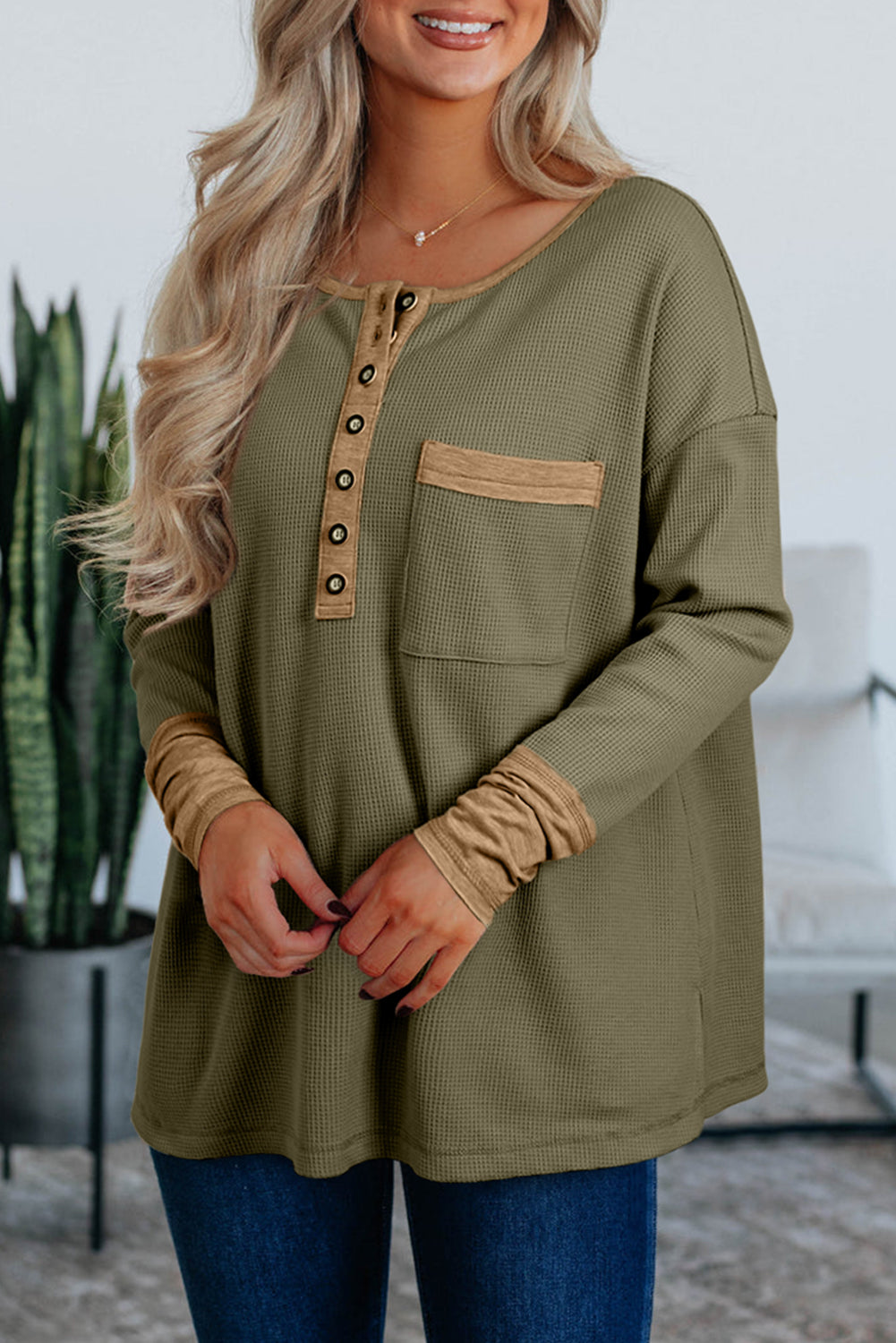 Vineyard Green Waffle Textured Patchwork Tunic Henley Top