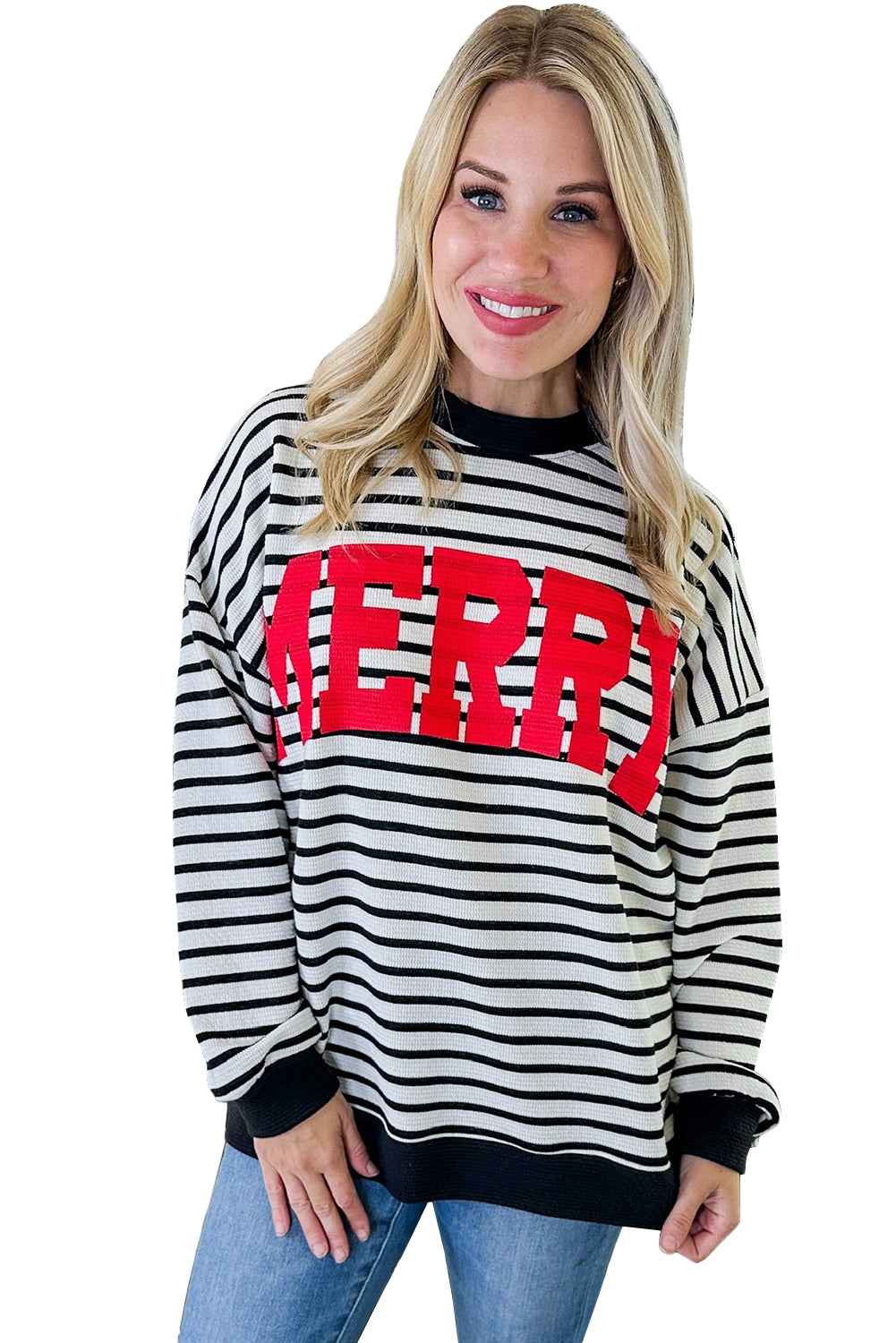 Black Stripe MERRY Letter Print Christmas Sweatshirt b1eeae1c712936d7