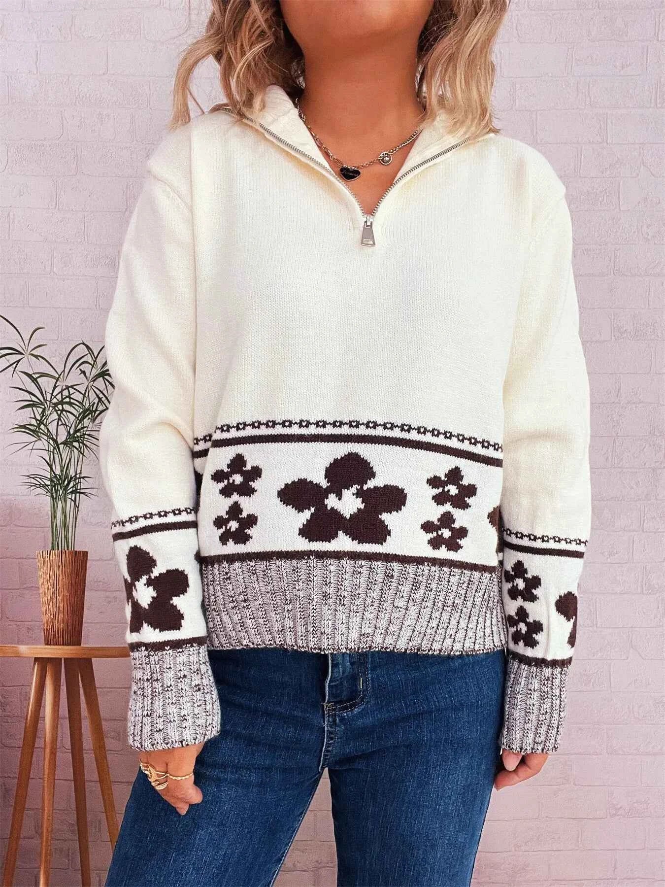 Flower Zip Collar Long Sleeve Sweater b1f3b71ba42f41b79791e5b731647f8f-Max-Origin