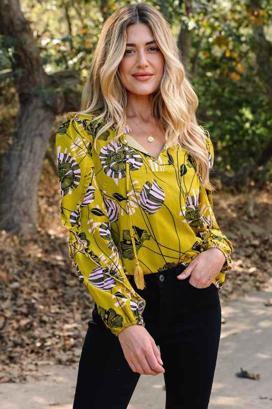Floral V-Neck Ruffle Trim Long Sleeve Blouse Yellow b1f69d06-1d6f-4233-8ff8-808d9de752e0