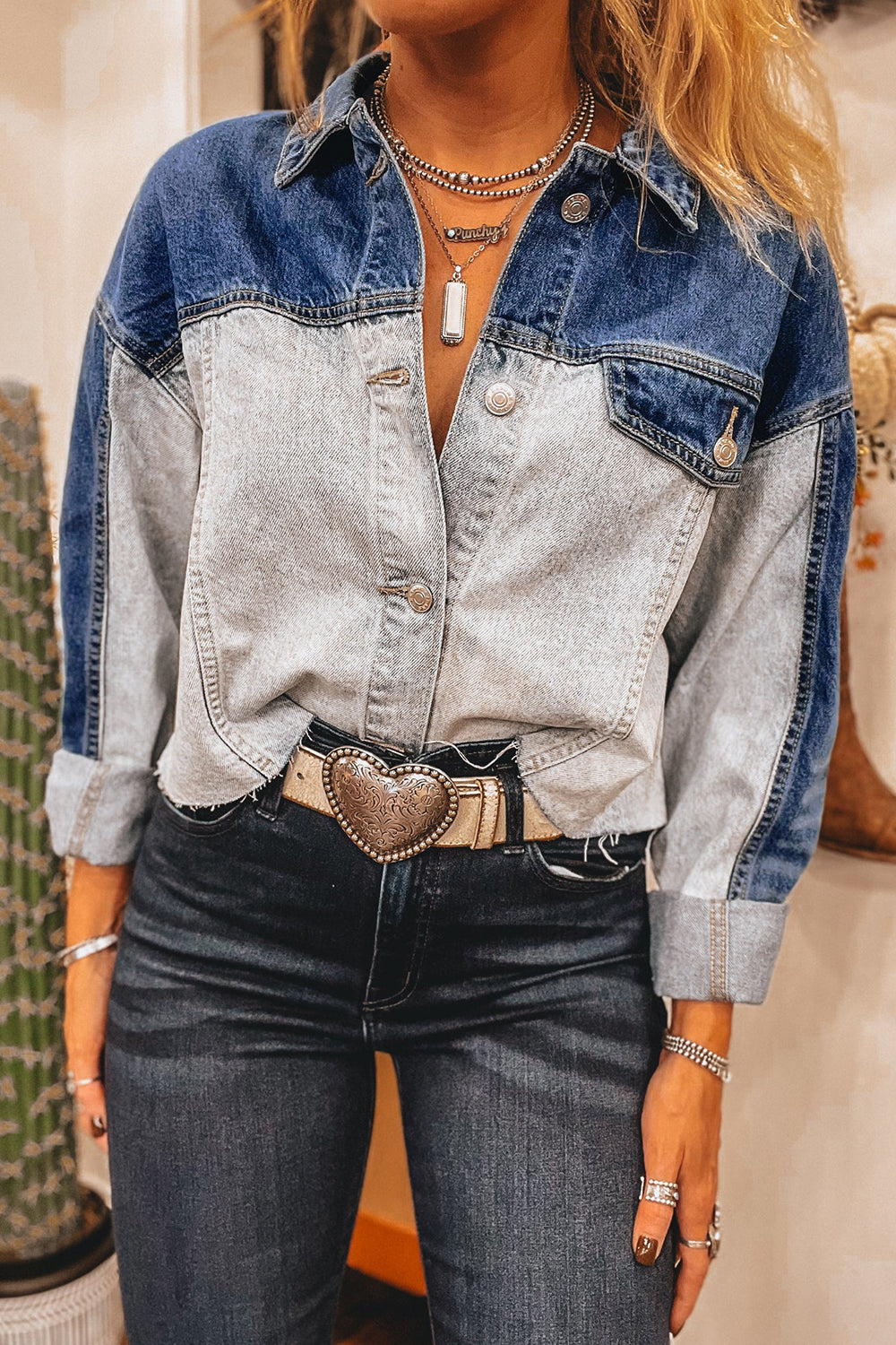 Dusk Blue Patchwork Flap Detail Distress Denim Jacket Dusk Blue 75%Cotton+25%Polyester b1f8a5d50705b8c6