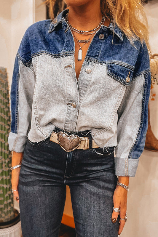 Dusk Blue Patchwork Flap Detail Distress Denim Jacket Dusk Blue 75%Cotton+25%Polyester b1f8a5d50705b8c6