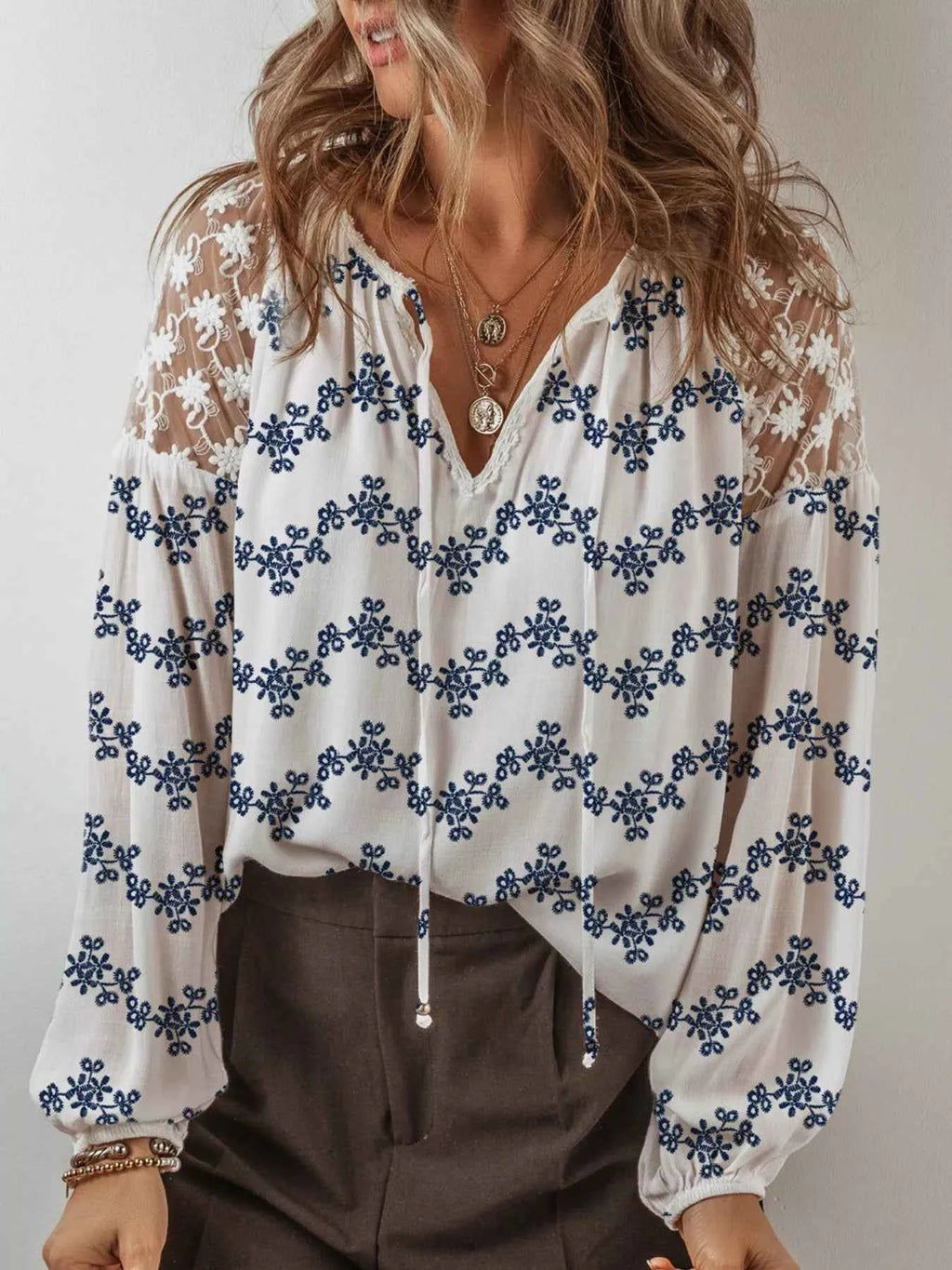 Printed Tie Neck Lace Long Sleeve Blouse b1fa57bc-9cb2-4a9c-800f-535325cee453-Max-Origin